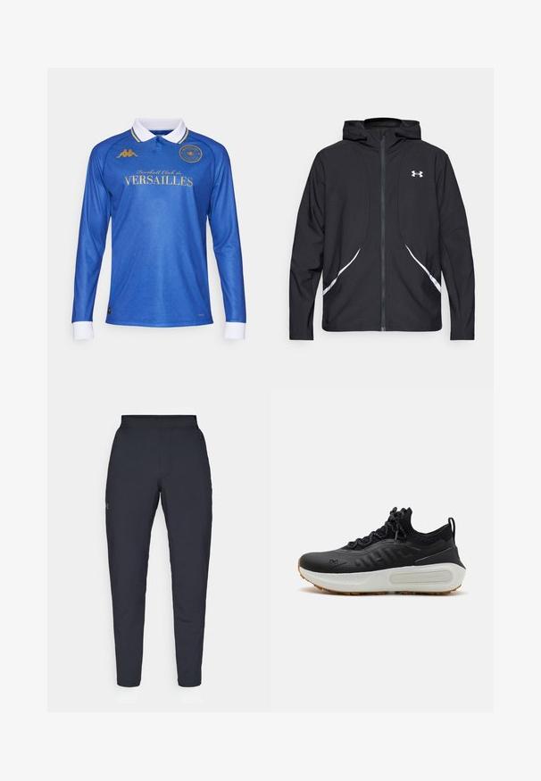 Černá bunda s kapucí na zip, bílými akcenty a logem, s dlouhými rukávy a hladkou, elegantní texturou látky.; Modrý fotbalový dres s dlouhými rukávy a bílým límečkem, se zlatými logy a textem, texturovaným diagonálním vzorem a kontrastními bílými manžetami.; Černé sportovní kalhoty s hladkou texturou, slim fit, elastickým pasem a bočními kapsami. Na levém stehně je umístěno malé logo.; Černá sportovní bota s texturovaným svrškem, límcem připomínajícím ponožku, šedými tkaničkami a bílou mezipodešví s vzorovaným designem a gumovou podešví.
