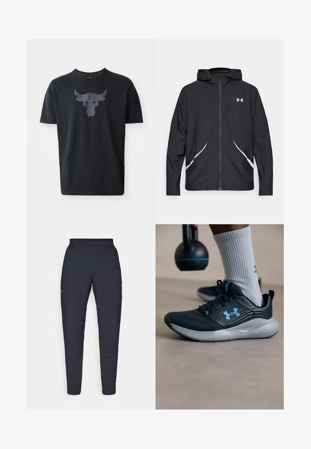 Crna jakna s kapuljačom na patentni zatvarač s bijelim detaljima i logotipom, s dugim rukavima i glatkom, mekanom teksturom tkanine.; Crna majica s kratkim rukavima od pamuka, s teksturiranim sivo-bulim logotipom sprijeda. Okrugli ovratnik s pojačanim šavovima.; Crne sportske hlače s glatkom teksturom, uskih krojeva, elastičnim pojasom i bočnim džepovima. Imaju mali logo na lijevom bedru.; Crne atletske cipele s plavim akcentima, teksturirani gornji dio i sivi đon. Nosi se s sivim rebrastim čarapama, pored crnog kettlebella.