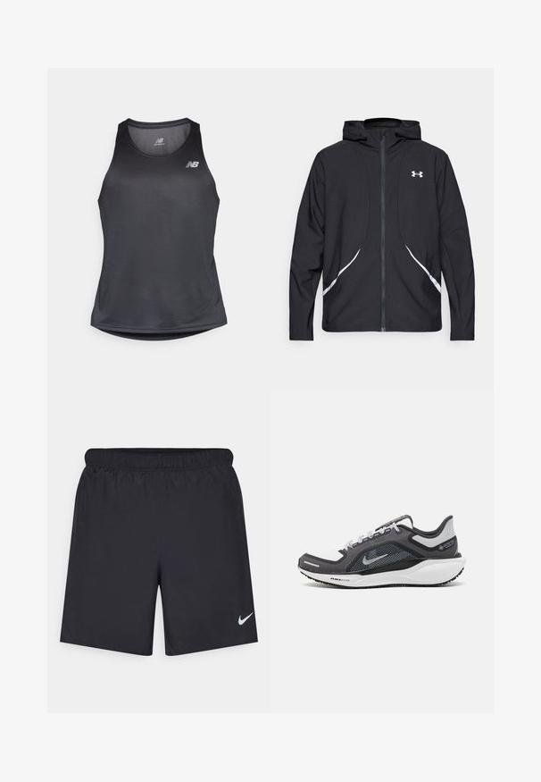 Crna jakna s kapuljačom na patentni zatvarač s bijelim detaljima i logotipom, s dugim rukavima i glatkom, mekanom teksturom tkanine.; Crna atletska majica bez rukava izrađena od tkanine koja upija vlagu, s okruglim izrezom i suptilnom rebrastom teksturom, te bijelim logotipom na prsima.; Crne atletske kratke hlače od laganog materijala s elastičnom tačkom. Imaju mali bijeli Nike logo na donjoj lijevoj strani.; Crne i sive atletske cipele s mrežastim gornjim dijelom, reflektirajućim detaljima i bijelim među-djelom. Imaju strukturiranu gumenu potplate i vezice.