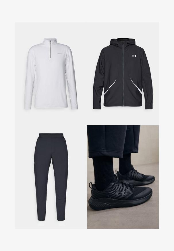 Svart hettejakke med glidelås, hvite detaljer og logo, med lange ermer og en glatt, jevn stofftekstur.; Hvit langermet genser med kvart glidelås og høy krage, med en grå Calvin Klein-logo på brystet. Glatt stoffstruktur.; Sorte treningbukser med glatt tekstur, smal passform, elastisk midjebånd og sidelommer. Har en liten logo på venstre lår.; Person som har på seg svarte treningssneakers med teksturerte sider og logo, kombinert med svarte sokker og cropped bukser på et lyst gulv.