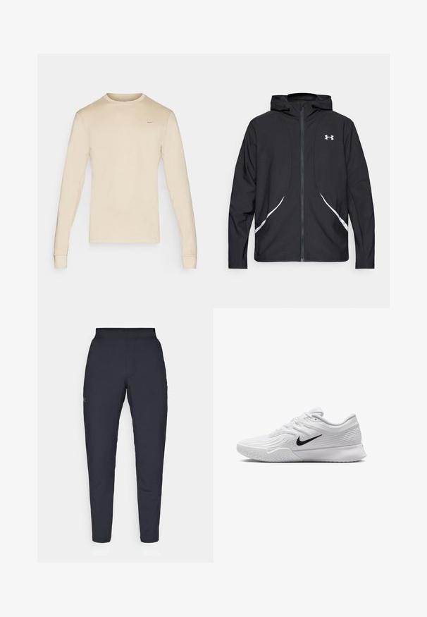 Zwarte capuchonjas met ritssluiting, witte accenten en logo, voorzien van lange mouwen en een gladde, soepele stoftextuur.; Beige langmouw Nike t-shirt met een ronde hals en een klein logo op de bovenste linkerzijde. Zachte stof met aansluitende manchetten.; Zwarte sportbroeken met een gladde textuur, slanke pasvorm, elastische tailleband en zijzakken. Bevat een klein logo op het linkerdij.; Witte sportieve schoen met textuur in het mesh bovenwerk, zwarte Nike swoosh, gevoerde kraag en rubberen zool met een profielpatroon.