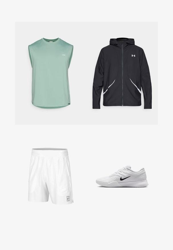 Sort lynlåstrøje med hætte, hvide detaljer og logo, med lange ærmer og en glat, glat stoftekstur.; Lys grøn ærmeløs træningstop lavet af åndbart stof med mesh-struktur. Har en rund halsudskæring og et diskret logo på fronten.; Hvide træningsshorts med elastisk talje, to sidelommer og en lille sort logo-detalje på den nederste front. Glat tekstur.; Hvid atletisk sko med tekstureret mesh-overdel, sort Nike swoosh, polstret krave og gummisål med mønster.