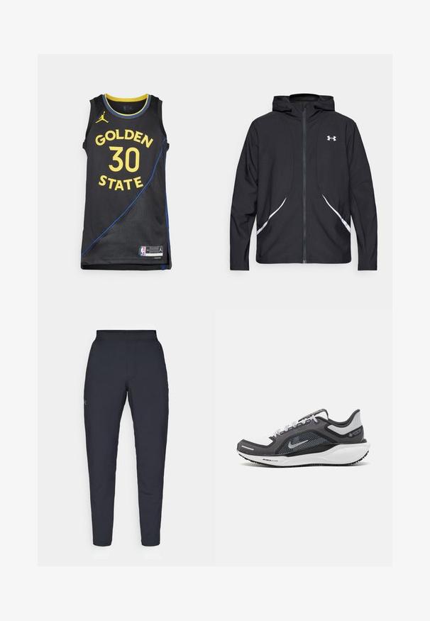 Black zip-up hooded jacket with white accents and logo, featuring long sleeves and a sleek, smooth fabric texture.; Black basketball jersey featuring "GOLDEN STATE" and "30" in yellow, with blue accents and textured fabric. NBA logo at the hem.; Black athletic pants with a smooth texture, slim fit, elastic waistband, and side pockets. Features a small logo on the left thigh.; Black and gray athletic shoe with a mesh upper, reflective accents, and a white midsole. Features textured rubber outsole and laces.