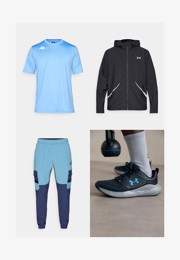 Casaco preto com capuz e fecho de correr, detalhes brancos e logótipo, apresentando mangas compridas e um tecido liso e elegante.; T-shirt desportivo de mangas curtas azul claro com um logo Kappa branco no peito direito, apresentado sobre um fundo branco liso.; Calças de moletom azuis e marinhas com um cós elástico, bolsos laterais e detalhes ao estilo cargo. Feitas de tecido suave e respirável.; Sapatilha atlética preta com detalhes em azul, parte superior texturizada e sola cinza. Usada com meias caneladas cinza, ao lado de um kettlebell preto.