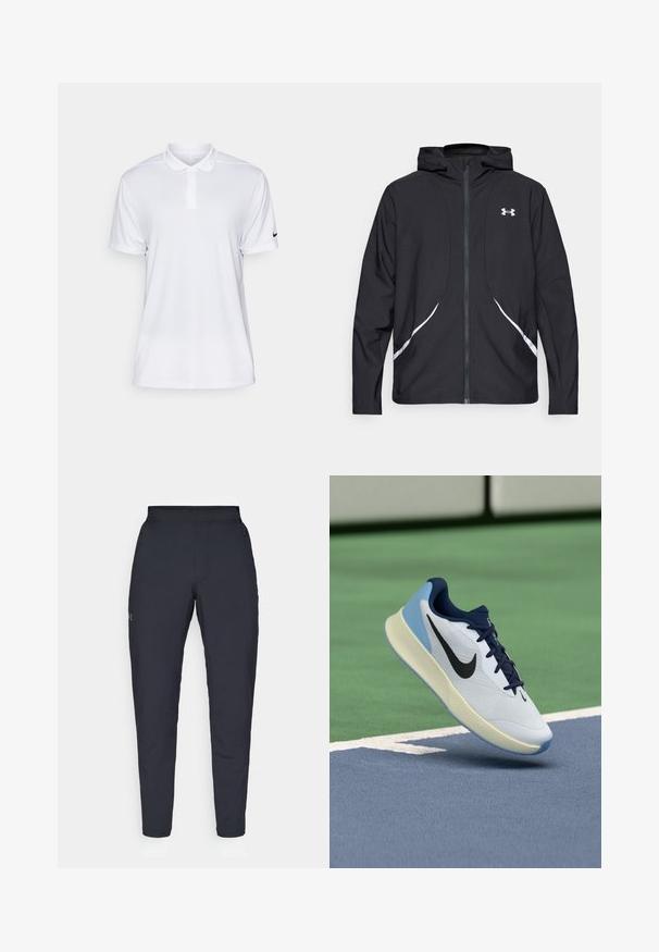 Černá bunda s kapucí na zip, bílými akcenty a logem, s dlouhými rukávy a hladkou, elegantní texturou látky.; Bílé polo tričko s krátkým rukávem vyrobené z syntetického materiálu. Má límeček a černé logo Nike na levém rukávu.; Černé sportovní kalhoty s hladkou texturou, slim fit, elastickým pasem a bočními kapsami. Na levém stehně je umístěno malé logo.; Bílé sportovní boty s námořnickými akcenty, prodyšným svrškem, texturovanou podrážkou a světle modrou patou, které mají elegantní, moderní design.