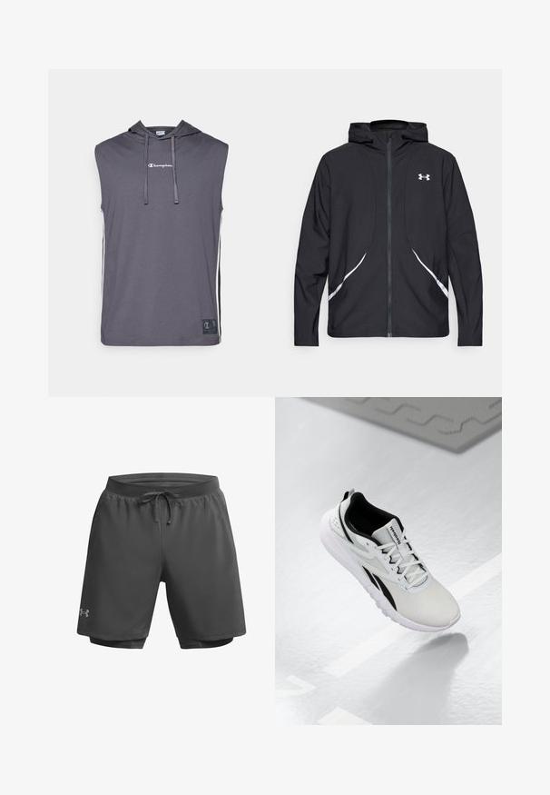 Black zip-up hooded jacket with white accents and logo, featuring long sleeves and a sleek, smooth fabric texture.; Champion SLEEVELESS HOODIE - Print T-shirt - dark grey; Dark gray athletic shorts with an elastic waistband, adjustable drawstring, and inner mesh lining; features subtle branding on the left leg.; Light gray athletic shoe with black accents, textured mesh upper, cushioned sole, and lace-up closure. Features a heel pull tab.
