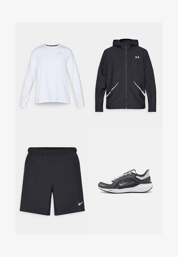 Schwarze Kapuzenjacke mit Reißverschluss, weiß abgesetzte Akzente und Logo, mit langen Ärmeln und einem eleganten, glatten Stoff.; Langärmliges, weißes Sportshirt aus atmungsaktivem Material, mit Rundhalsausschnitt, seitlichem Schlitz und einem reflektierenden grauen Nike-Logo auf der Brust.; Schwarze sportliche Shorts aus leichtem Material mit einem elastischen Bund. Auf der unteren linken Seite befindet sich ein kleines weißes Nike-Logo.; Schwarzer und grauer Sportschuh mit einem Mesh-Obermaterial, reflektierenden Akzenten und einer weißen Zwischensohle. Verfügt über eine strukturierte Gummisohle und Schnürsenkel.