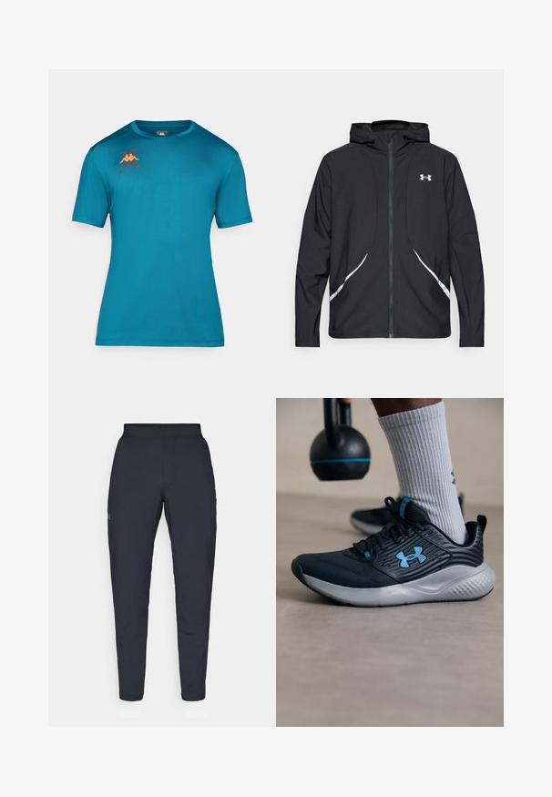 Musta vetoketjullinen huppari valkoisilla yksityiskohdilla ja logolla, jossa on pitkät hihat ja tyylikäs, sileäpintainen kangas.; Turkoosi lyhythihainen T-paita sileästä kankaasta, jossa on pyöreä kaula-aukko. Rintakehässä on pieni logo oranssina ja tummanpunaisena.; Mustat urheiluhousut, joissa on sileä pinta, kapea malli, joustava vyötäkuja ja sivutaskut. Vasemmassa reisissä on pieni logo.; Mustat urheilukengät sinisillä yksityiskohdilla, teksturoitu pinta ja harmaa pohja. Vaatteena harmaat ribbited socksit, mustan kettlebellin vieressä.