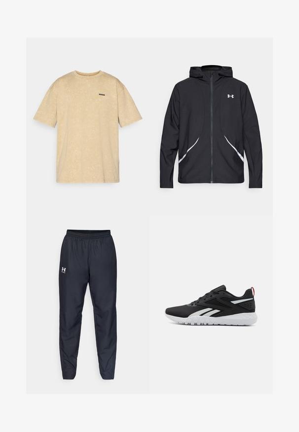 Musta vetoketjullinen huppari valkoisilla yksityiskohdilla ja logolla, jossa on pitkät hihat ja tyylikäs, sileäpintainen kangas.; Harmaa ylisuurikokoinen t-paita pehmeällä tekstuurilla, lyhyet hihat ja pyöreä kaulus. Rinnassa on pieni musta etiketti, jossa on brändin nimi.; Mustat urheiluhousut, joissa on joustava vyötärö, kapeat lahkeet ja valkoinen logo sivussa. Valmistettu kevyestä, kestävästä kankaasta.; Mustat urheilukengät, joissa on verkkopintainen, valkoiset yksityiskohdat, teksturoitu pohja ja punainen kantatuki lisäyksityiskohtana.