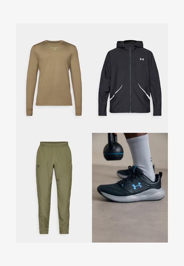 Schwarze Kapuzenjacke mit Reißverschluss, weiß abgesetzte Akzente und Logo, mit langen Ärmeln und einem eleganten, glatten Stoff.; Langarm-Sportshirt aus olivgrünem Stoff mit glatter Textur. Verfügt über den Schriftzug "HYROX" und das Puma-Logo in reflektierendem Neon-Gelb auf der Brust.; Olivgrüne Sporthose mit elastischem Bund, schmal zulaufenden Beinen, glatter Textur und einem kleinen schwarzen Logo auf der linken Seite.; Schwarzer Sportschuh mit blauen Akzenten, strukturiertem Obermaterial und grauer Sohle. Getragen mit grauen gerippten Socken, neben einer schwarzen Kettlebell.