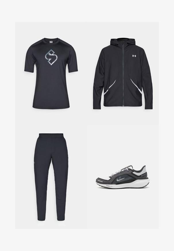 Černá bunda s kapucí na zip, bílými akcenty a logem, s dlouhými rukávy a hladkou, elegantní texturou látky.; Krátký rukáv sportovní tričko v černé barvě s reflexním šedým logem. Má hladkou texturu a moderní design s kulatým výstřihem.; Černé sportovní kalhoty s hladkou texturou, slim fit, elastickým pasem a bočními kapsami. Na levém stehně je umístěno malé logo.; Černá a šedá sportovní obuv s vrškem z prodyšné síťoviny, reflexními akcenty a bílou mezipodešví. Obsahuje texturovanou gumovou podrážku a tkaničky.