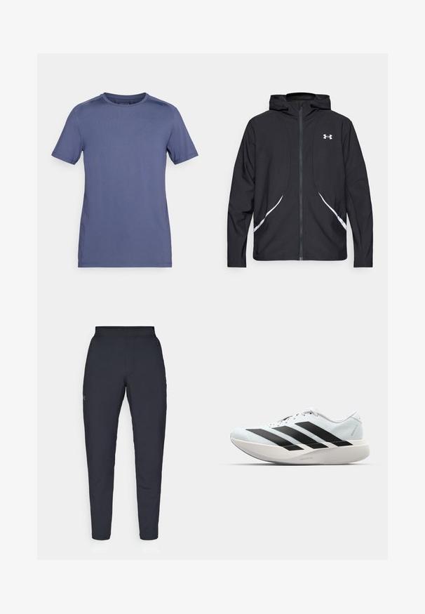 Svart hettejakke med glidelås, hvite detaljer og logo, med lange ermer og en glatt, jevn stofftekstur.; Kortermet T-skjorte i mørkeblå, laget av lett stoff. Har rund hals, flate sømmer og subtil merkevareprofilering på skulderen.; Sorte treningbukser med glatt tekstur, smal passform, elastisk midjebånd og sidelommer. Har en liten logo på venstre lår.; Lette løpesko i lys blå med svarte striper. Har en myk overdel, rund tå og tykk hvit mellomsole merket "LIGHTSTRIKE PRO."