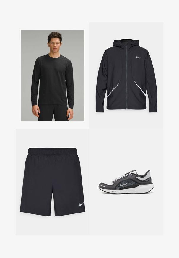 Zwarte capuchonjas met ritssluiting, witte accenten en logo, voorzien van lange mouwen en een gladde, soepele stoftextuur.; Zwarte longsleeve shirt met een gestructureerd patroon, ronde halslijn en raglanmouwen, gedragen met zwarte sportbroeken.; Zwarte sportshorts gemaakt van lichtgewicht materiaal met een elastische tailleband. Voorzien van een klein wit Nike-logo aan de onderzijde aan de linkerkant.; Zwarte en grijze sportschoen met een bovenwerk van mesh, reflecterende accenten en een witte tussenzool. Beschikt over een gestructureerde rubberen zool en veters.