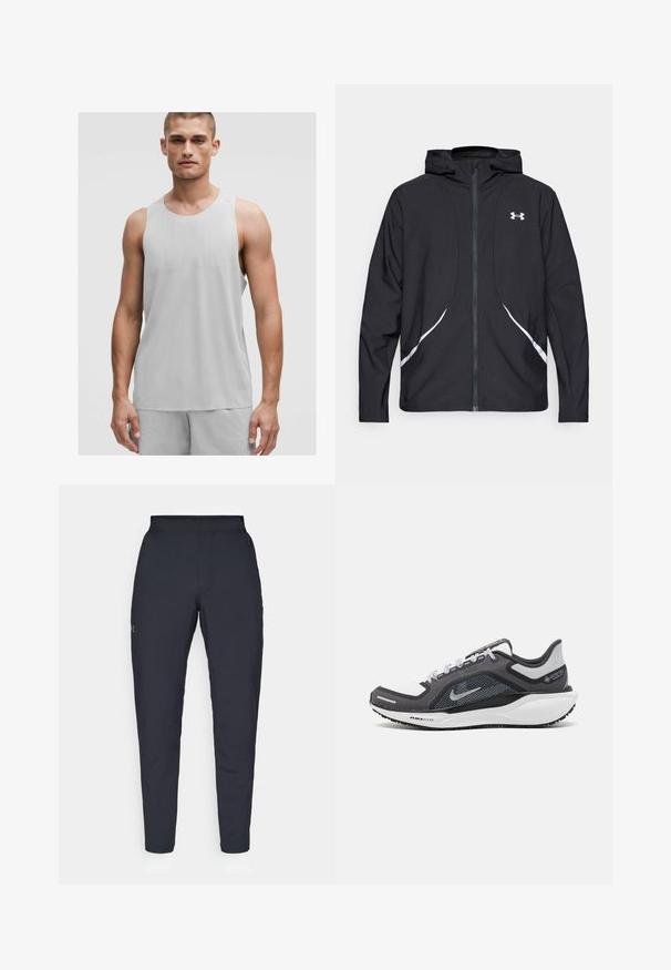 Sort lynlåstrøje med hætte, hvide detaljer og logo, med lange ærmer og en glat, glat stoftekstur.; Lys grå atletisk tanktop med rund halsudskæring og ærmeløs design, lavet af et åndbart materiale med subtile teksturdetaljer.; Sorte atletiske bukser med en glat overflade, tætsiddende pasform, elastisk talje og sidelommer. Indeholder et lille logo på venstre lår.; Sort og grå atletisk sko med en mesh-overdel, reflekterende detaljer og en hvid mellemsål. Har en tekstureret gummisål og snørebånd.