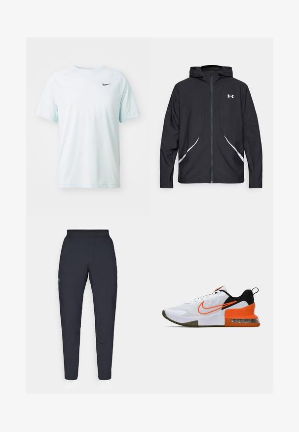 Črna jakna s kapuco na zadrgo z belimi poudarki in logotipom, z dolgimi rokavi in gladko, sijočo tkanino.; Nike Performance READY - Športne majice - glacier blue/black; Črne atletske hlače z gladko teksturo, ožjega kroja, elastičnim pasom in stranskimi žepi. Imajo majhen logotip na levem stegnu.; Bela športna čevlja z teksturirano mrežasto zgornjico, črnimi in oranžnimi poudarki, debelim gumijastim podplatom ter prozornim zračno blazino na peti.