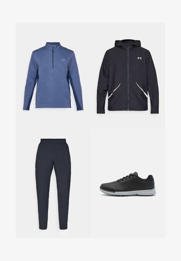 Black zip-up hooded jacket with white accents and logo, featuring long sleeves and a sleek, smooth fabric texture.; Blue long-sleeve athletic pullover with ribbed texture, high collar, half zipper, and subtle logo on the left chest.; Black athletic pants with a smooth texture, slim fit, elastic waistband, and side pockets. Features a small logo on the left thigh.; Black synthetic golf shoes with a textured upper, lace-up design, and a gray outsole featuring spikes for traction.