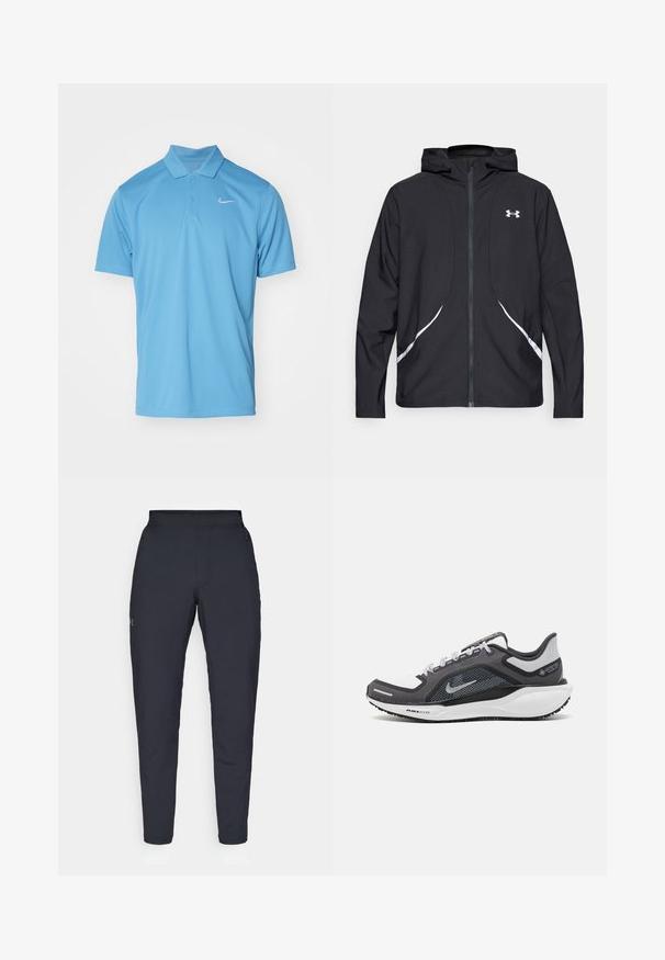 Crna jakna s kapuljačom na patentni zatvarač s bijelim detaljima i logotipom, s dugim rukavima i glatkom, mekanom teksturom tkanine.; Nike Performance NIKECOURT SOLID - Polo majica - blue beyond/white; Crne sportske hlače s glatkom teksturom, uskih krojeva, elastičnim pojasom i bočnim džepovima. Imaju mali logo na lijevom bedru.; Crne i sive atletske cipele s mrežastim gornjim dijelom, reflektirajućim detaljima i bijelim među-djelom. Imaju strukturiranu gumenu potplate i vezice.