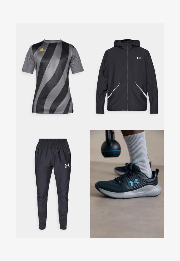 Casaco preto com capuz e fecho de correr, detalhes brancos e logótipo, apresentando mangas compridas e um tecido liso e elegante.; Camisa atlética de mangas curtas em cinza com riscas bold pretas e cinzas mais claras. Apresenta um logotipo dourado no peito esquerdo. Textura suave.; Under Armour PRO PANT - Calças de fato de treino - black/white; Sapatilha atlética preta com detalhes em azul, parte superior texturizada e sola cinza. Usada com meias caneladas cinza, ao lado de um kettlebell preto.