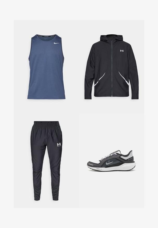 Černá bunda s kapucí na zip, bílými akcenty a logem, s dlouhými rukávy a hladkou, elegantní texturou látky.; Modrý sportovní tílko s kulatým výstřihem, vyrobené z materiálu odvádějícího vlhkost. Obsahuje malé bílé logo Nike na hrudi.; Under Armour PRO PANT - Teplákové kalhoty - black/white; Černá a šedá sportovní obuv s vrškem z prodyšné síťoviny, reflexními akcenty a bílou mezipodešví. Obsahuje texturovanou gumovou podrážku a tkaničky.