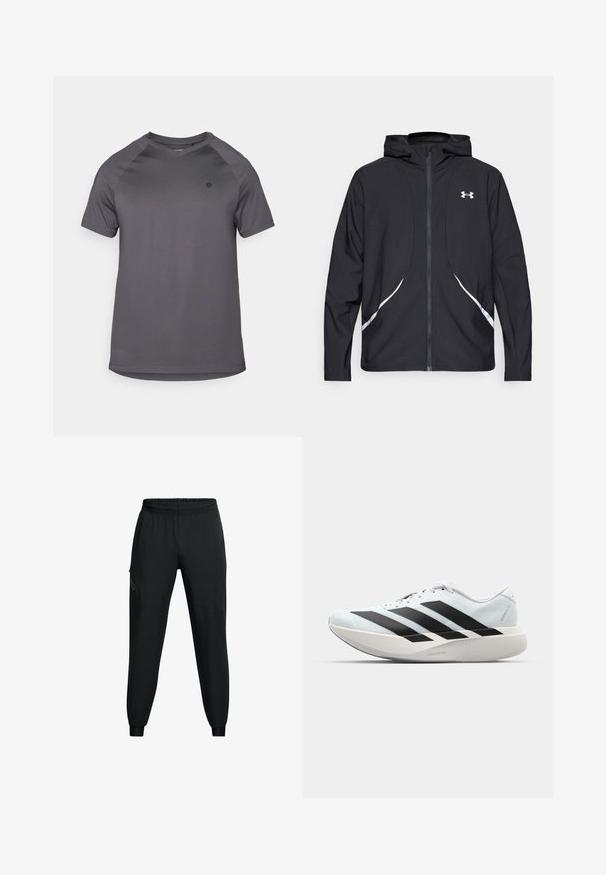 Črna jakna s kapuco na zadrgo z belimi poudarki in logotipom, z dolgimi rokavi in gladko, sijočo tkanino.; Siva športna majica z okroglim izrezom, kratkimi raglan rokavi in gladko teksturo, z logotipom na levi strani.; Črne športne hlače z elastičnim pasom, zoženim krojem nogavic, stranskimi žepi in kontrastnimi panelnimi detajli. Lahka, gladka tkanina.; Lahki tekaški čevlji v svetlo modri barvi z belimi črtami. Imajo gladek zgornji del, okroglo kapico in debel bel srednji podplat z označbo "LIGHTSTRIKE PRO."