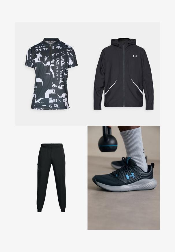 Crna jakna s kapuljačom na patentni zatvarač s bijelim detaljima i logotipom, s dugim rukavima i glatkom, mekanom teksturom tkanine.; Crna polo majica s geometrijskim bijelim uzorkom, s patentnim zatvaračem, kratkim rukavima i sportskim, laganim materijalom.; Crne atletske hlače s elastičnim pojasom, suženim nogavicama, bočnim džepovima i kontrastnim panelima. Lagana, glatka tkanina.; Crne atletske cipele s plavim akcentima, teksturirani gornji dio i sivi đon. Nosi se s sivim rebrastim čarapama, pored crnog kettlebella.