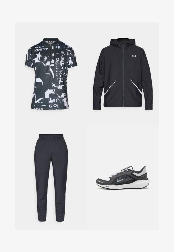 Černá bunda s kapucí na zip, bílými akcenty a logem, s dlouhými rukávy a hladkou, elegantní texturou látky.; Černé polo tričko s geometrickým bílým vzorem, zipovým límečkem, krátkými rukávy a sportovní, lehkou texturou látky.; Námořnické zúžené kalhoty vyrobené z měkké tkaniny, s elastickým pasem, bočními kapsami a hladkou texturou s jemnými švy.; Černá a šedá sportovní obuv s vrškem z prodyšné síťoviny, reflexními akcenty a bílou mezipodešví. Obsahuje texturovanou gumovou podrážku a tkaničky.
