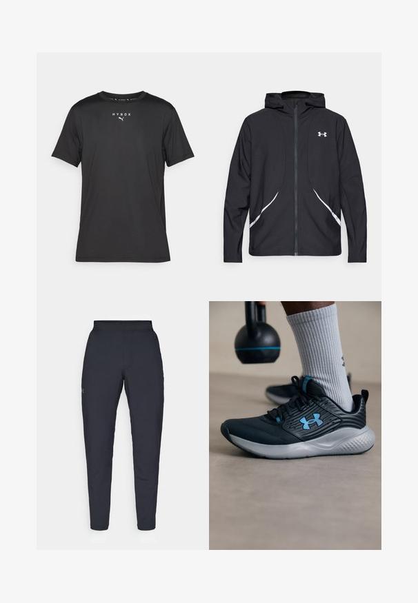 Black zip-up hooded jacket with white accents and logo, featuring long sleeves and a sleek, smooth fabric texture.; Black short-sleeve sports t-shirt made of lightweight fabric. Features a crew neck and printed "HYROX" logo with a Puma emblem on the front.; Black athletic pants with a smooth texture, slim fit, elastic waistband, and side pockets. Features a small logo on the left thigh.; Black athletic shoe with blue accents, textured upper, and gray sole. Worn with gray ribbed socks, beside a black kettlebell.