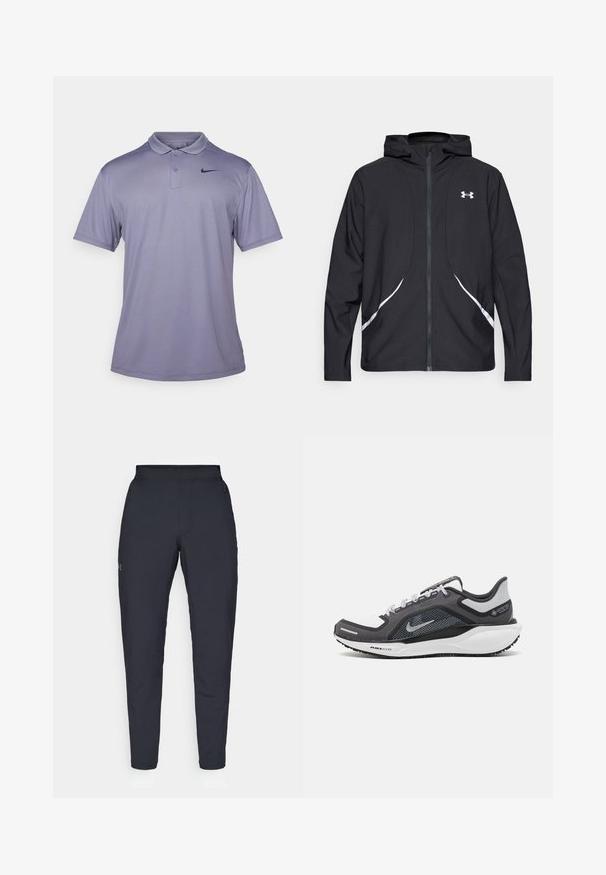 Giacca nera con cappuccio e zip, dettagli bianchi e logo, maniche lunghe e tessuto liscio e lucido.; Nike Golf SOLID - Polo - light carbon/black; Pantaloni sportivi neri con una texture liscia, vestibilità slim, vita elastica e tasche laterali. Presentano un piccolo logo sulla coscia sinistra.; Scarpa da ginnastica nera e grigia con tomaia in rete, dettagli riflettenti e intersuola bianca. Presenta una suola in gomma testurizzata e lacci.
