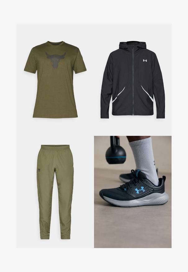 Zwarte capuchonjas met ritssluiting, witte accenten en logo, voorzien van lange mouwen en een gladde, soepele stoftextuur.; Olijfgroene katoenen T-shirt met korte mouwen en een ronde halslijn; heeft een zwart stierenlogo op de voorkant.; Olijfgroene sportbroek met een elastische tailleband, taps toelopende pijpen, een gladde textuur en een klein zwart logo aan de linkerzijde.; Zwarte sportschoen met blauwe accenten, gestructureerde bovenkant en grijze zool. Draagt met grijze geribbelde sokken, naast een zwarte kettlebell.