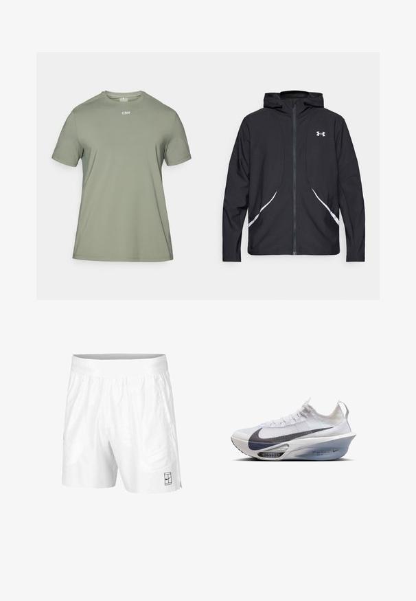 Casaco preto com capuz e fecho de correr, detalhes brancos e logótipo, apresentando mangas compridas e um tecido liso e elegante.; T-shirt verde-azeitona de manga curta, feito de um tecido suave. Apresenta um decote redondo e painéis de malha discretos nos ombros.; Calções atléticos brancos feitos de um tecido leve com um cós elástico, apresentando dois bolsos laterais e um pequeno logotipo preto na bainha.; Sapatilha de corrida Nike em tecido branco com um swoosh cinza, formato aerodinâmico, sola intermédia transparente e amortecimento de ar visível.