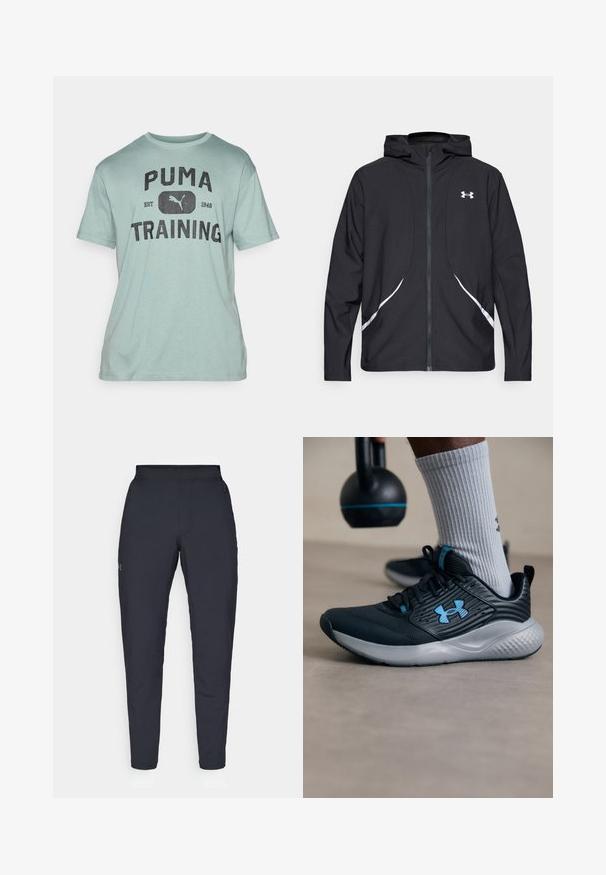 Svart hettejakke med glidelås, hvite detaljer og logo, med lange ermer og en glatt, jevn stofftekstur.; Mintgrønn bomull T-skjorte med rund hals, korte ermer, og fet svart tekst "PUMA TRAINING" med logo. Myk tekstur, avslappet passform.; Sorte treningbukser med glatt tekstur, smal passform, elastisk midjebånd og sidelommer. Har en liten logo på venstre lår.; Svarte idrettsko med blå detaljer, teksturert overdel og grå såle. Brukt med grå ribbestrikkede sokker, ved siden av en svart kettlebell.