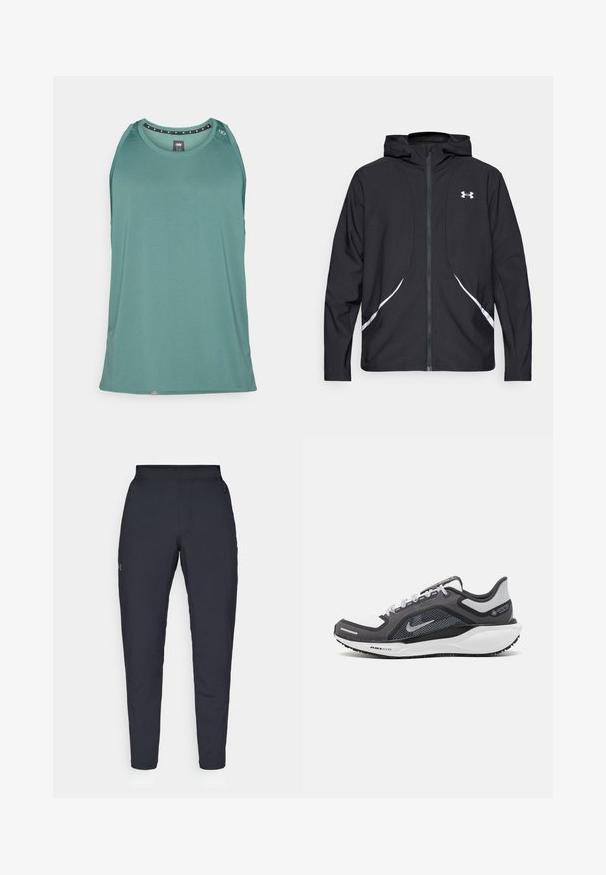 Black zip-up hooded jacket with white accents and logo, featuring long sleeves and a sleek, smooth fabric texture.; Teal sleeveless tank top made of breathable fabric, featuring a round neckline and small decorative hardware near the shoulder.; Black athletic pants with a smooth texture, slim fit, elastic waistband, and side pockets. Features a small logo on the left thigh.; Black and gray athletic shoe with a mesh upper, reflective accents, and a white midsole. Features textured rubber outsole and laces.