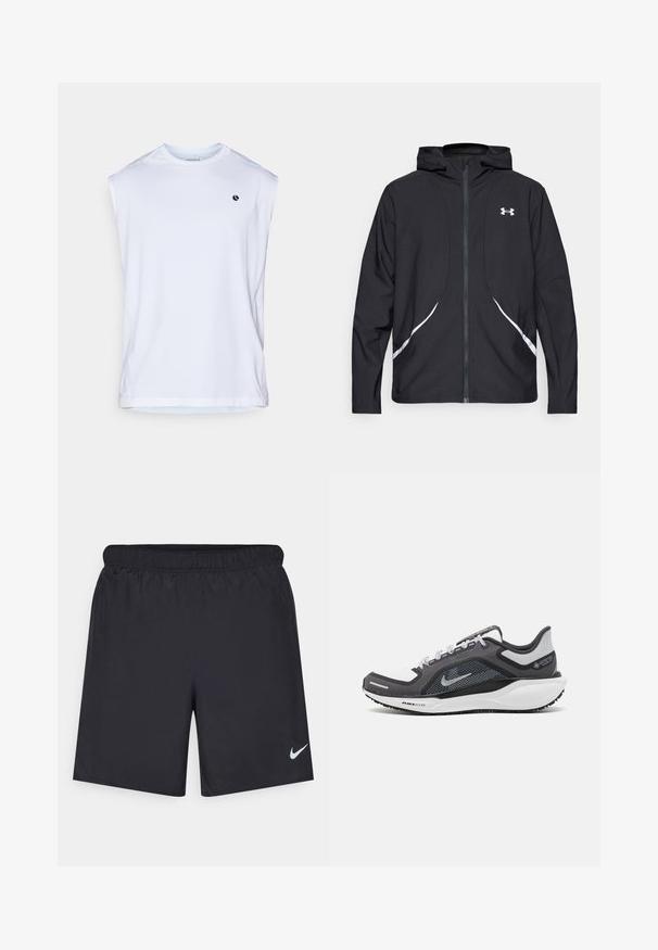 Črna jakna s kapuco na zadrgo z belimi poudarki in logotipom, z dolgimi rokavi in gladko, sijočo tkanino.; Bela športna majica brez rokavov, izdelana iz materiala, ki odvaja vlago; ima majhen črn logo na prsih in ravne šive za udobje.; Črne atletske kratke hlače iz lahkotnega materiala z elastičnim pasom. Imajo majhen bel Nike logo na spodnji levi strani.; Črne in sive atletske čevlje z mrežasto zgornjim delom, odsevnimi detajli in belim srednjim podplatom. Imajo strukturiran gumijast podplat in vezalke.