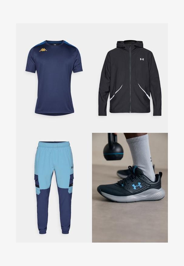 Casaco preto com capuz e fecho de correr, detalhes brancos e logótipo, apresentando mangas compridas e um tecido liso e elegante.; Kappa T-shirt desportiva - blue marine/blue; Calças de moletom azuis e marinhas com um cós elástico, bolsos laterais e detalhes ao estilo cargo. Feitas de tecido suave e respirável.; Sapatilha atlética preta com detalhes em azul, parte superior texturizada e sola cinza. Usada com meias caneladas cinza, ao lado de um kettlebell preto.