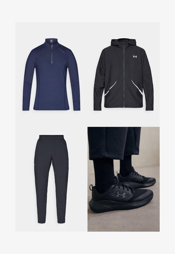 Black zip-up hooded jacket with white accents and logo, featuring long sleeves and a sleek, smooth fabric texture.; Navy long-sleeve half-zip pullover in a smooth, stretch fabric. Features contrasting stitching and a high collar with a branded tag.; Black athletic pants with a smooth texture, slim fit, elastic waistband, and side pockets. Features a small logo on the left thigh.; Person wearing black athletic sneakers with textured sides and logo, paired with black socks and cropped pants on a light floor.