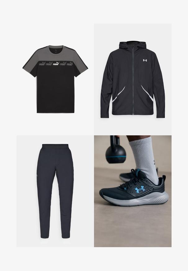 Black zip-up hooded jacket with white accents and logo, featuring long sleeves and a sleek, smooth fabric texture.; Black and gray short-sleeve T-shirt with a round neck, featuring a repeated white 'PUMA' logo across the chest and smooth cotton texture.; Black athletic pants with a smooth texture, slim fit, elastic waistband, and side pockets. Features a small logo on the left thigh.; Black athletic shoe with blue accents, textured upper, and gray sole. Worn with gray ribbed socks, beside a black kettlebell.