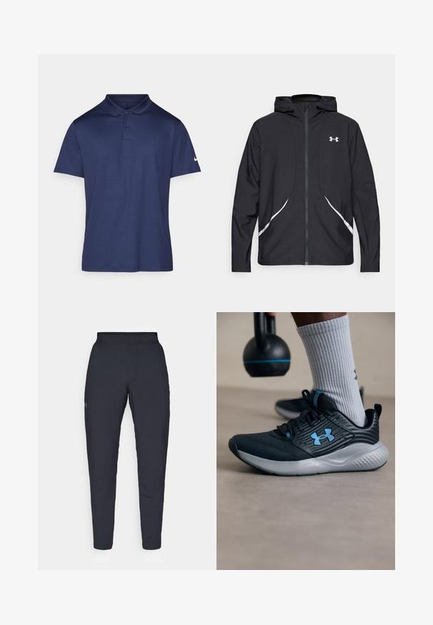 Casaco preto com capuz e fecho de correr, detalhes brancos e logótipo, apresentando mangas compridas e um tecido liso e elegante.; Polo azul-marinho feito de um tecido liso, com colarinho, tapeta de três botões e um pequeno logotipo branco na manga esquerda.; Calças de desporto negras com uma textura suave, corte justo, cintura elástica e bolsos laterais. Apresenta um pequeno logótipo na coxa esquerda.; Sapatilha atlética preta com detalhes em azul, parte superior texturizada e sola cinza. Usada com meias caneladas cinza, ao lado de um kettlebell preto.