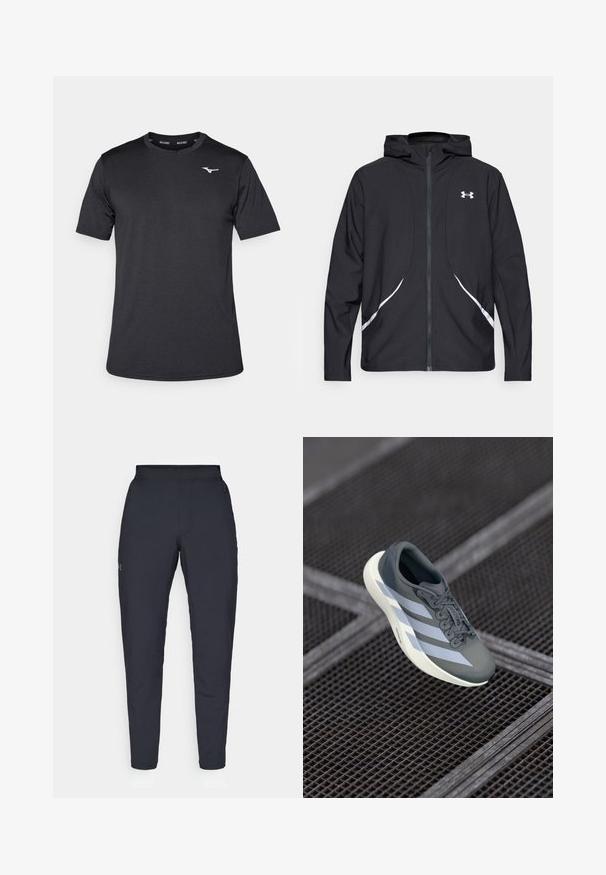 Giacca nera con cappuccio e zip, dettagli bianchi e logo, maniche lunghe e tessuto liscio e lucido.; Maglietta atletica nera a maniche corte realizzata in un tessuto liscio, con collo a giro e un logo discreto sul petto.; Pantaloni sportivi neri con una texture liscia, vestibilità slim, vita elastica e tasche laterali. Presentano un piccolo logo sulla coscia sinistra.; Scarpa sportiva grigia e bianca, realizzata in materiale sintetico, con un design aerodinamico, finitura testurizzata e sistema di allacciatura prominente.