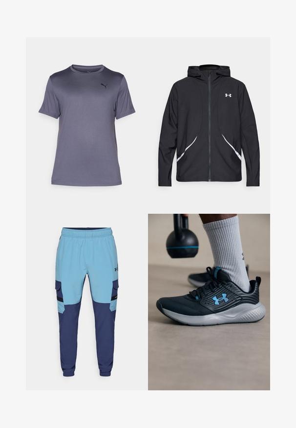 Crna jakna s kapuljačom na patentni zatvarač s bijelim detaljima i logotipom, s dugim rukavima i glatkom, mekanom teksturom tkanine.; Sivi majica kratkih rukava od glatkog, laganog materijala. Ima okrugli izrez i suptilan crni logo na lijevoj strani prsnog uzorka.; Plave i mornarsko plave trenirke s elastičnim pojasom, bočnim džepovima i detaljima u stilu cargo. Izrađene od mekanog, prozračnog materijala.; Crne atletske cipele s plavim akcentima, teksturirani gornji dio i sivi đon. Nosi se s sivim rebrastim čarapama, pored crnog kettlebella.