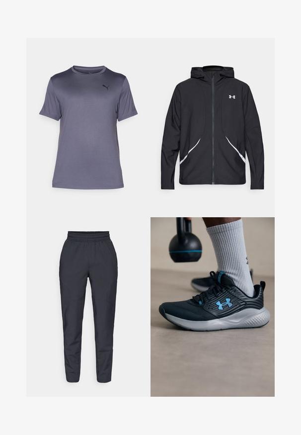 Black zip-up hooded jacket with white accents and logo, featuring long sleeves and a sleek, smooth fabric texture.; Gray short-sleeve t-shirt made of smooth, lightweight fabric. Features a crew neckline and a subtle black logo on the left chest.; Navy tapered pants made of soft fabric, featuring an elastic waistband, side pockets, and a smooth texture with subtle stitching details.; Black athletic shoe with blue accents, textured upper, and gray sole. Worn with gray ribbed socks, beside a black kettlebell.