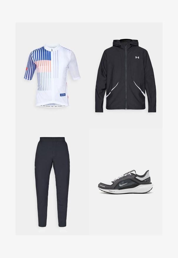 Černá bunda s kapucí na zip, bílými akcenty a logem, s dlouhými rukávy a hladkou, elegantní texturou látky.; Bílý cyklistický dres s modrými a oranžovými vertikálními pruhy, krátké rukávy, síťovina na bočních panelech a přední zip. Obsahuje štítek "LE COL".; Černé sportovní kalhoty s hladkou texturou, slim fit, elastickým pasem a bočními kapsami. Na levém stehně je umístěno malé logo.; Černá a šedá sportovní obuv s vrškem z prodyšné síťoviny, reflexními akcenty a bílou mezipodešví. Obsahuje texturovanou gumovou podrážku a tkaničky.