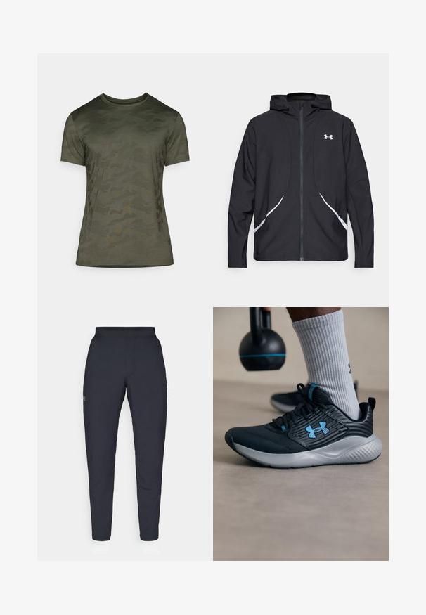 Sort lynlåstrøje med hætte, hvide detaljer og logo, med lange ærmer og en glat, glat stoftekstur.; Oliven grøn t-shirt med korte ærmer, der har et diskret camouflage mønster. Lavet af blødt stof med rund halsudskæring og en tætsiddende pasform.; Sorte atletiske bukser med en glat overflade, tætsiddende pasform, elastisk talje og sidelommer. Indeholder et lille logo på venstre lår.; Sort atletiksko med blå accenter, struktureret overdel og grå sål. Båret med grå ribbede sokker, ved siden af en sort kettlebell.