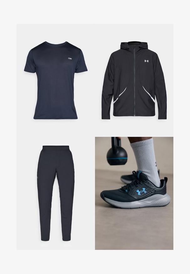 Black zip-up hooded jacket with white accents and logo, featuring long sleeves and a sleek, smooth fabric texture.; Navy blue, short-sleeve t-shirt made from ribbed fabric, featuring a small logo on the upper left side and a classic crew neckline.; Black athletic pants with a smooth texture, slim fit, elastic waistband, and side pockets. Features a small logo on the left thigh.; Black athletic shoe with blue accents, textured upper, and gray sole. Worn with gray ribbed socks, beside a black kettlebell.