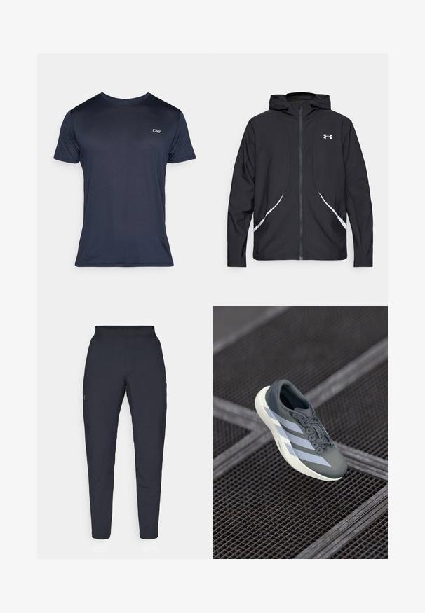 Jachetă neagră cu glugă și fermoar, cu accente și logo alb, având mâneci lungi și o textură elegantă, netedă a țesăturii.; Cămașă cu mânecă scurtă, de culoare bleu marin, fabricată dintr-un material ribbed, având un mic logo în partea stângă sus și un decolteu clasic tip crew.; Pantaloni sportivi negri cu o textură fină, croială slim, talie elastică și buzunare laterale. Prezentă un mic logo pe coapsa stângă.; Pantof sport gri și alb, realizat din material sintetic, cu un design aerodinamic, finisaj texturat și un sistem de șireturi proeminent.
