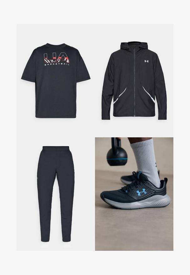 Musta vetoketjullinen huppari valkoisilla yksityiskohdilla ja logolla, jossa on pitkät hihat ja tyylikäs, sileäpintainen kangas.; Mustat lyhythihaiset t-paidat, löysällä istuvuudella, etupuolella punainen ja valkoinen graafinen teksti "UA BASKETBALL". Pehmeä kangas.; Mustat urheiluhousut, joissa on sileä pinta, kapea malli, joustava vyötäkuja ja sivutaskut. Vasemmassa reisissä on pieni logo.; Mustat urheilukengät sinisillä yksityiskohdilla, teksturoitu pinta ja harmaa pohja. Vaatteena harmaat ribbited socksit, mustan kettlebellin vieressä.