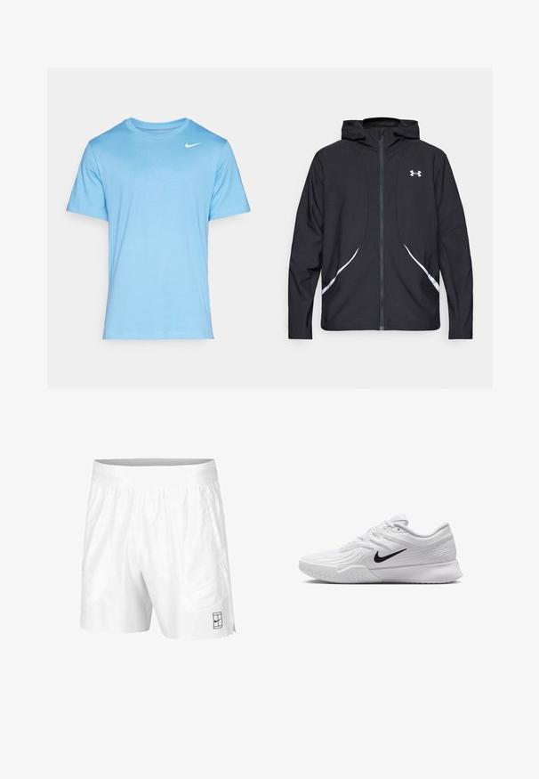 Black zip-up hooded jacket with white accents and logo, featuring long sleeves and a sleek, smooth fabric texture.; Light blue cotton T-shirt with a crew neckline and short sleeves. Features a small white logo on the upper left chest area.; White athletic shorts made of lightweight fabric with an elastic waistband, featuring two side pockets and a small black logo on the hem.; White athletic shoe with textured mesh upper, black Nike swoosh, padded collar, and rubber outsole with a tread pattern.