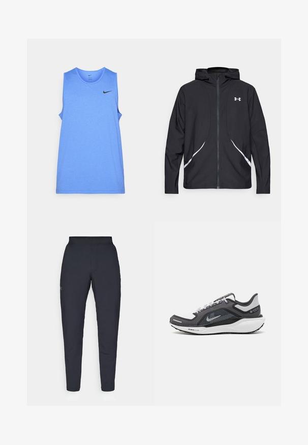 Giacca nera con cappuccio e zip, dettagli bianchi e logo, maniche lunghe e tessuto liscio e lucido.; Maglietta atletica senza maniche blu chiaro realizzata in tessuto liscio. Presenta un collo rotondo e il logo Nike nero nella parte superiore sinistra.; Pantaloni sportivi neri con una texture liscia, vestibilità slim, vita elastica e tasche laterali. Presentano un piccolo logo sulla coscia sinistra.; Scarpa da ginnastica nera e grigia con tomaia in rete, dettagli riflettenti e intersuola bianca. Presenta una suola in gomma testurizzata e lacci.