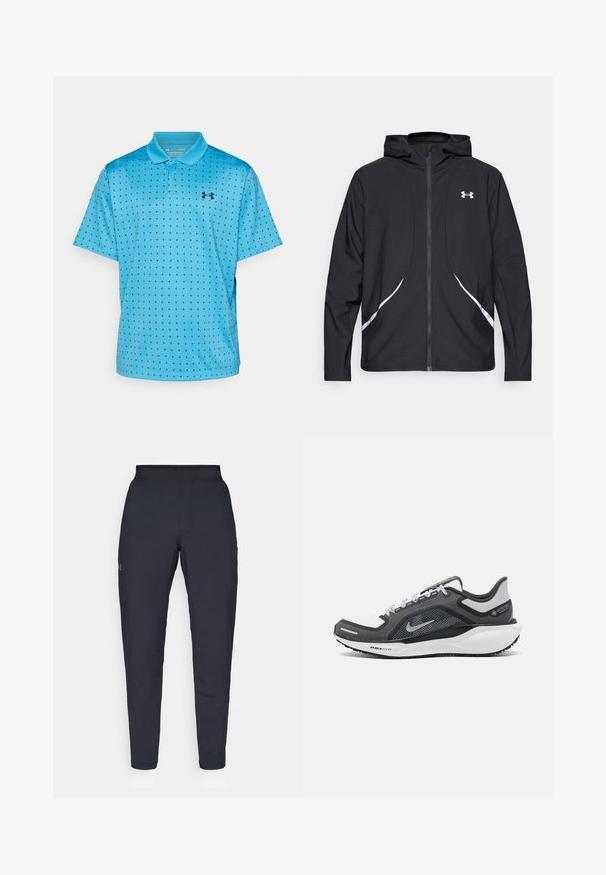 Crna jakna s kapuljačom na patentni zatvarač s bijelim detaljima i logotipom, s dugim rukavima i glatkom, mekanom teksturom tkanine.; Plava polo majica s ovratnikom i dugmadi, ukrašena crnim točkicama i malim mornarsko plavim logom na prsima.; Crne sportske hlače s glatkom teksturom, uskih krojeva, elastičnim pojasom i bočnim džepovima. Imaju mali logo na lijevom bedru.; Crne i sive atletske cipele s mrežastim gornjim dijelom, reflektirajućim detaljima i bijelim među-djelom. Imaju strukturiranu gumenu potplate i vezice.