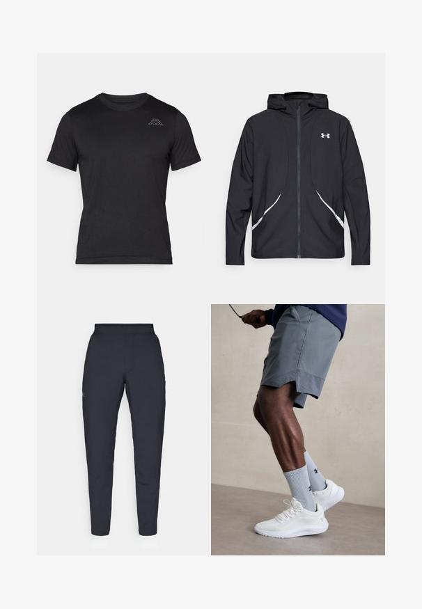 Casaco preto com capuz e fecho de correr, detalhes brancos e logótipo, apresentando mangas compridas e um tecido liso e elegante.; T-shirt preta de manga curta feita de tecido leve, com decote redondo e um pequeno logótipo Kappa branco no lado superior esquerdo.; Calças de desporto negras com uma textura suave, corte justo, cintura elástica e bolsos laterais. Apresenta um pequeno logótipo na coxa esquerda.; Ténis desportivos brancos com parte superior em malha texturizada, acompanhados por meias caneleadas azul claro com um logótipo. Calções desportivos cinza com acabamento perfurado.