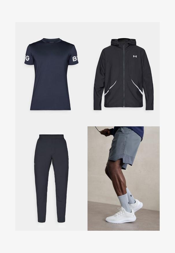 Černá bunda s kapucí na zip, bílými akcenty a logem, s dlouhými rukávy a hladkou, elegantní texturou látky.; Námořnická modrá, krátkosrstá sportovní tričko s kulatým výstřihem; obsahuje bílé logo na obou rukávech a hladkou, elastickou texturu.; Černé sportovní kalhoty s hladkou texturou, slim fit, elastickým pasem a bočními kapsami. Na levém stehně je umístěno malé logo.; Bílé sportovní boty s texturovaným síťovaným svrškem, spárované se světle modrými pruhovanými ponožkami s logem. Šedé sportovní šortky s perforovaným lemem.